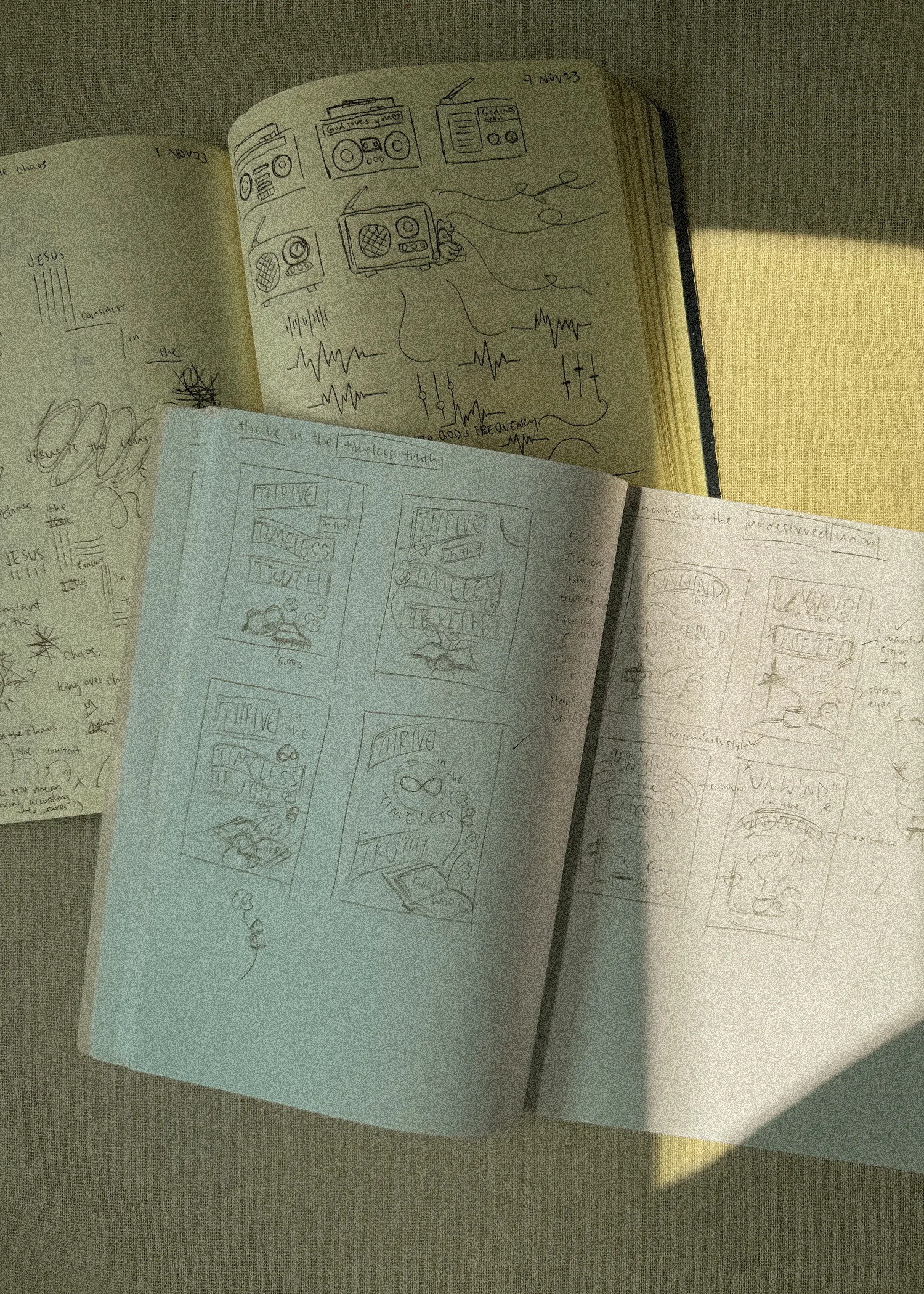 Sketching and ideation process for modern Christian art. 