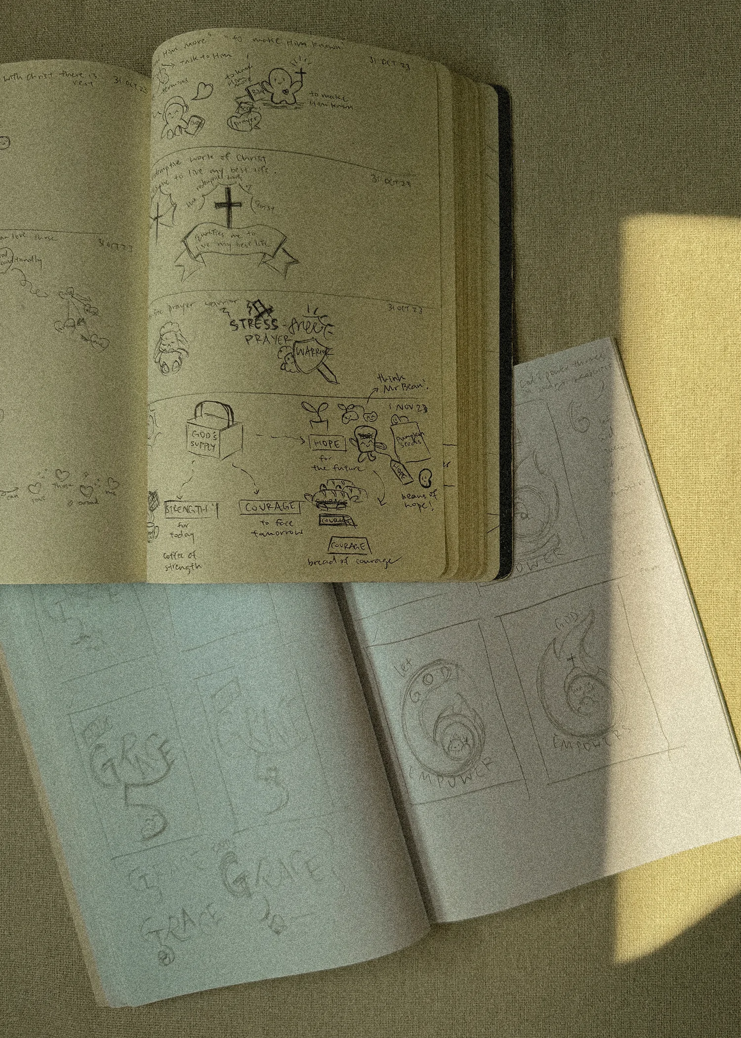 Sketching and ideation process for modern Christian art. 