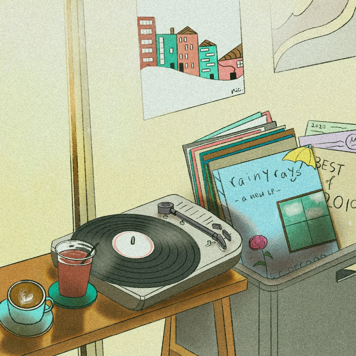 Digital art study of a record store on Procreate