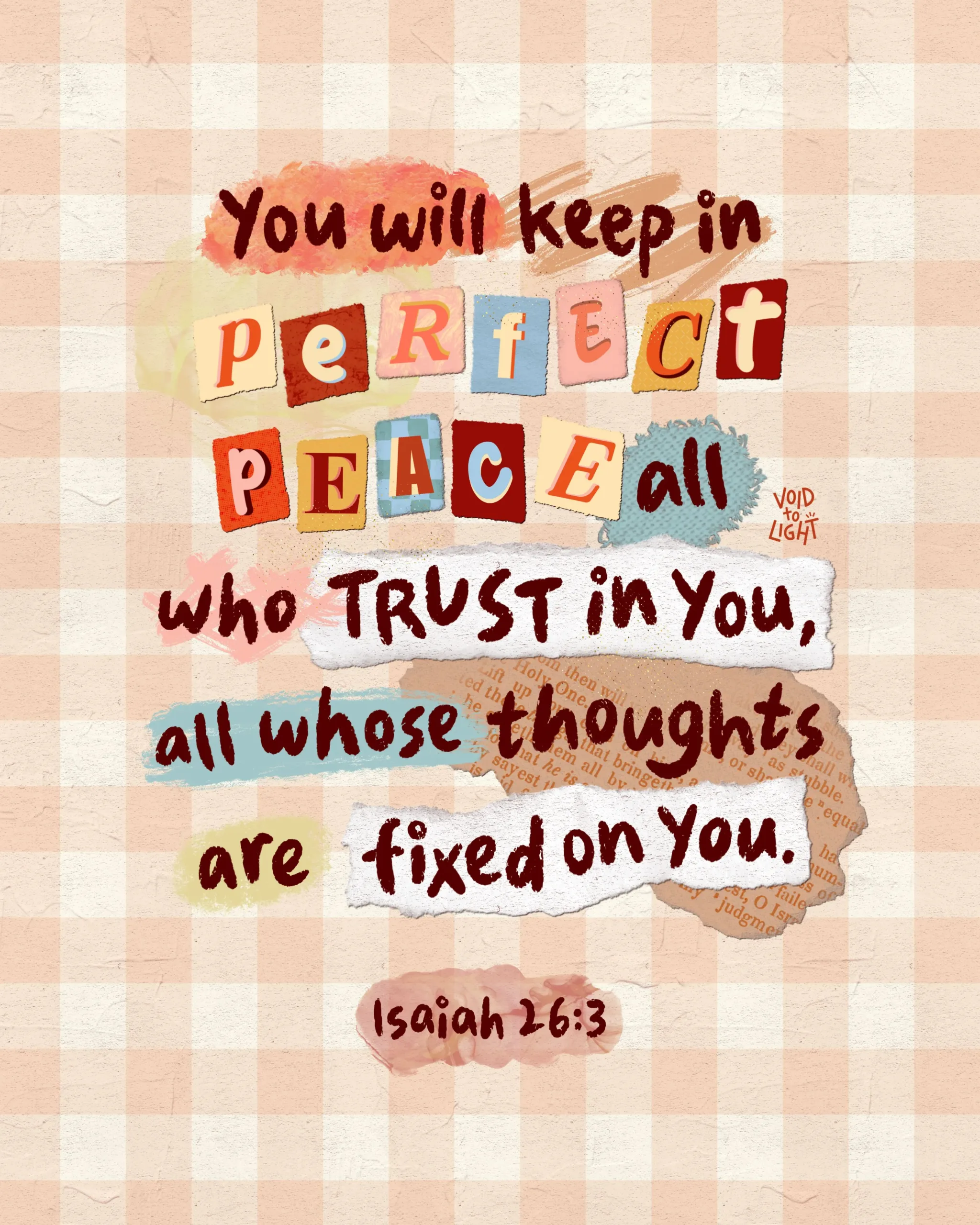 Isaiah 26:3 aesthetic mixed media torn paper collage modern Christian art 